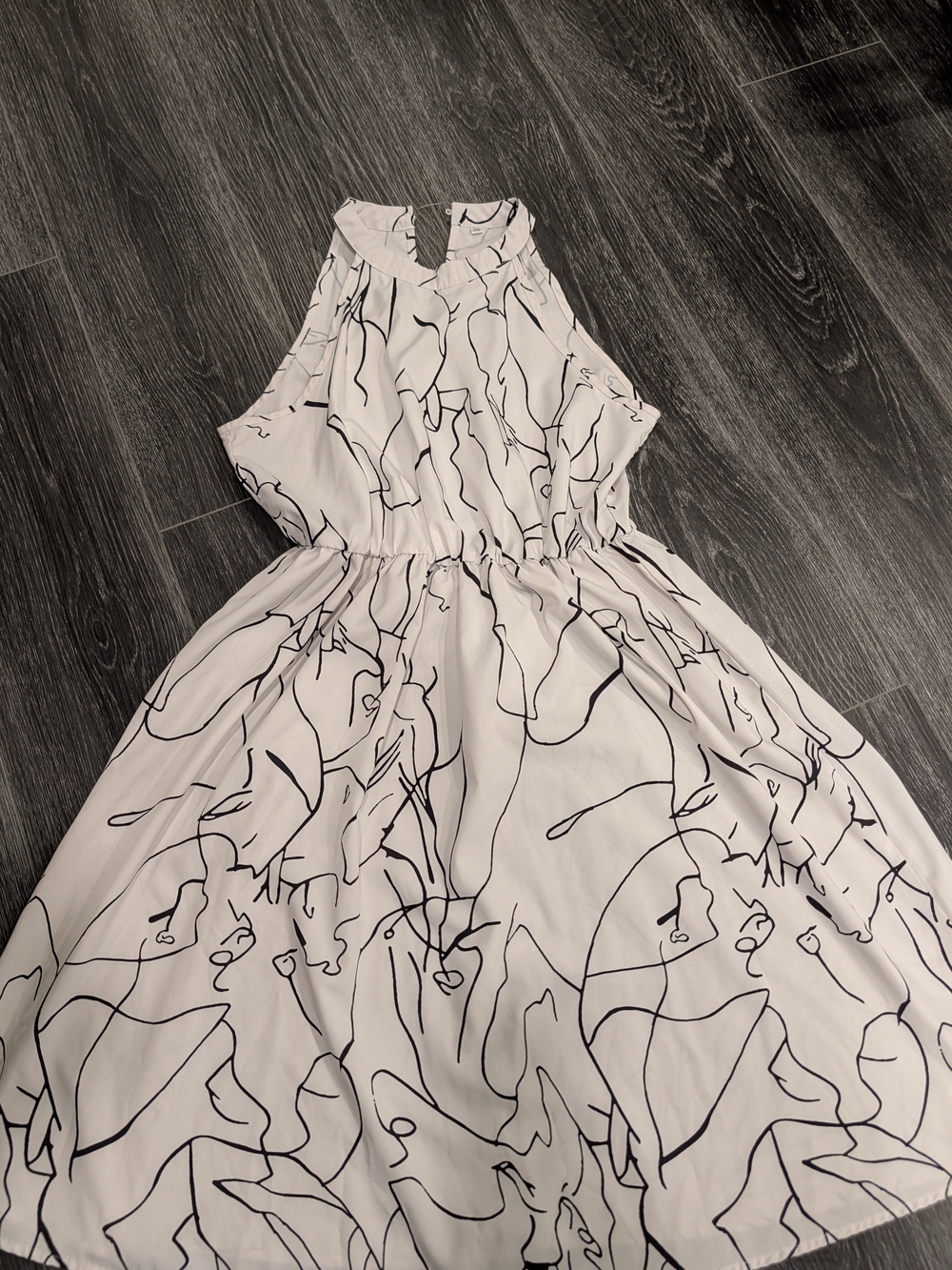Girls' White Halter Dress with Black Line Art Print
